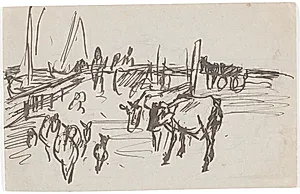 Får og kalve ved udskibningsstedet på Saltholm by Theodor Philipsen