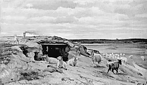 Fåreflok foran en jordhule med folk by Hans Smidth