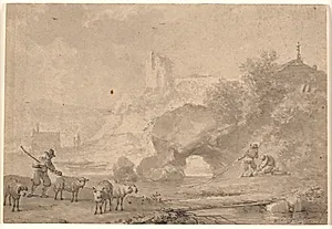 Fårehyrde og fiskere i et sydlandsk flodlandskab by Nicolaes Berchem