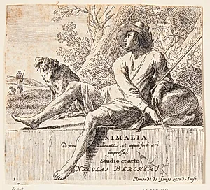 Fårehyrde siddende på en sten. Titelblad til "Forskellige dyr" by Nicolaes Berchem