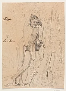 Faun med panfløjte (syrinx), lænet op ad et træ