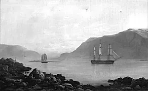 Faxøebugten i nærheden af Reykjavik, hvor linieskibet "Dronning Marie" og korvetten "Najaden" ved daggry letter anker