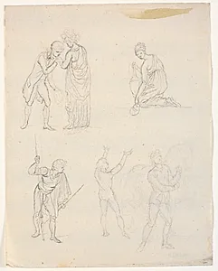 Fem figurskitser. F.o.t.v. et par (teaterscene?) f.n.t.h. en mand der trækker en hest by C.A. Lorentzen