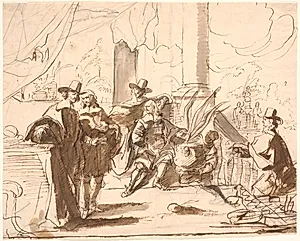Fem herrer på en terrasse; en tjener bærer en agave frem by Jürgen Ovens