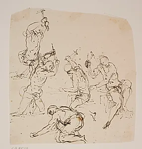 Fem studier af stenhuggere eller smede, der arbejder ved essen by Jacopo Palma (il Giovane)