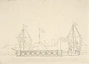 Festudsmykning ved Nyhavn, set fra vandet mod den gamle botaniske have by C.W. Eckersberg
