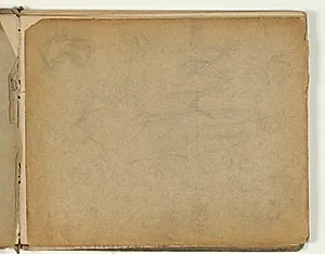 Figur og dyreskitser, bl.a. af hane. Utydelige by Niels Larsen Stevns