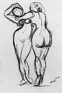 Figurgruppe. To stående kvindelige modeller, en face og rygvendt by Emile Othon Friesz