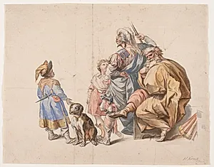 Figurkomposition med sort hofnar og hund by Hendrik Krock