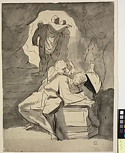 Figurscene i en hule. I forgrunden en fortvivlet mand ved en grav by Johann Heinrich Füssli