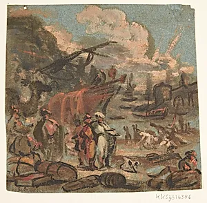 Figurscene ved kyst med skibe og militærpersoner by Ubekendt