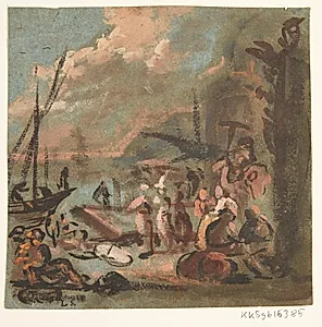 Figurscene ved kyst by Ubekendt