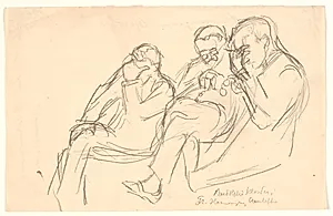 Figurskitse. Tre siddende mænd: Fr. Henningsen, Aarsleff og P. Johansen