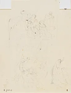 Figurskitser. Teaterscener med knælende kvinde by C.A. Lorentzen