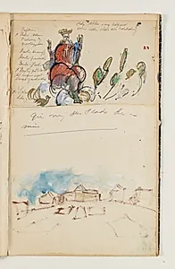 Figurstudie og parti med bygninger, formentlig "Den Fries" udstillingsbygning, København. Desuden liste over kunstnerens malerier, formentlig både planlagte og fuldførte by J.A. Jerichau (II)