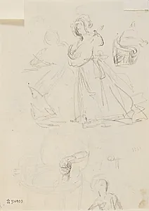 Figurstudier af en stående dame med instrument og en stol by C.A. Lorentzen