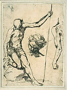 Figurstudier: mand med stav, hovedet af en mand med turban, studie af en mandsarm set bagfra by Giuseppe Ribera