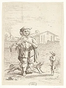 Fiolspiller med tre hunde. "Savoyarden" by Karel Du Jardin
