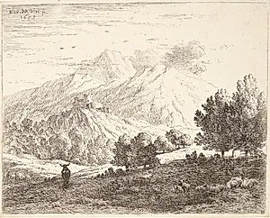 Fire bjerge. Et æsel og får i forgrunden by Karel Du Jardin