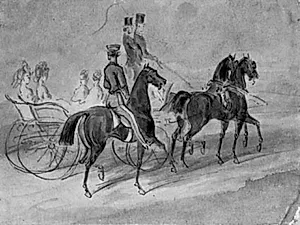 Fire elegante damer i åben vogn forspændt med to heste; to kuske på bukken og ledsagende rytter by Constantin Guys