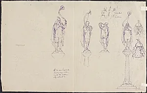 Fire lurblæsere, et vejkryds og lurblæserhoveder by Lorenz Frølich