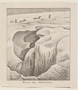 Fire mænd med trækslæder gående ved en gletcherspalte ("Sermime kûp Kordlornerssua") by Lars Møller