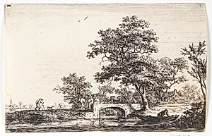 Fire mænd på en stenbro by Anthonie Waterloo