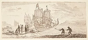 Fire store sejlskibe i en bugt by Reinier Zeeman