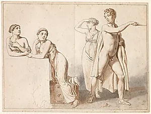Fire studiefigurer, tre kvindelige og en mandlig i antikke dragter. by C.W. Eckersberg