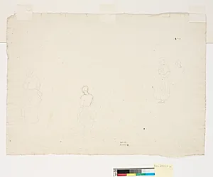 Fire studier til den stående pige på maleriet: "Vaskekoner ved Bondedammen i Hellebæk" by P.C. Skovgaard