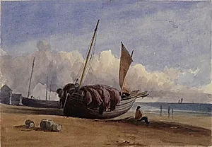 Fiskerbåd trukket op på land by Ubekendt