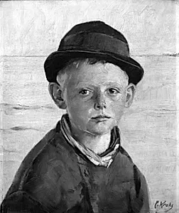 Fiskerdreng ved havet, aftensol by Christian Krohg