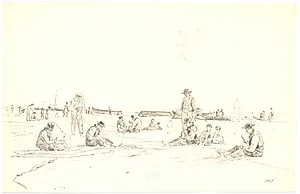 Fiskere bøder garn ved stranden, Skagen by Martinus Rørbye