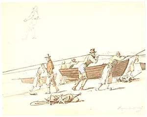 Fiskere drager vod på Sønderstranden by Martinus Rørbye