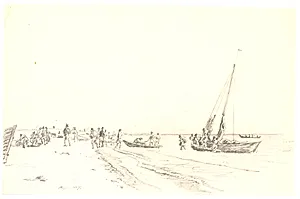 Fiskere går i land fra en større båd, Skagen by Martinus Rørbye
