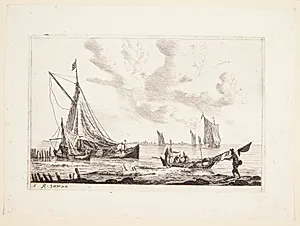 Fiskere og fiskerbåde ved en strand by Reinier Zeeman