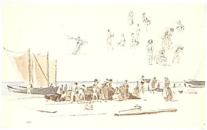 Fiskere på Skagen losser både ved stranden by Martinus Rørbye