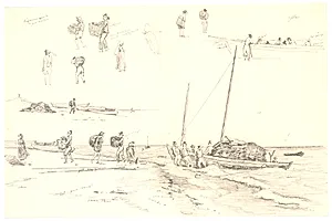 Fiskere på Skagen losser en båd med tørv by Martinus Rørbye