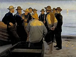 Fiskere ved stranden en stille sommeraften