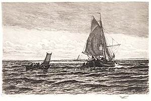 Fiskerkvase og robåde by Carl Locher