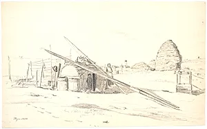 Fiskerskur på Skagen Østerby, med det hvide fyr i baggrunden by Martinus Rørbye