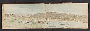 Fjeldlandskab med huse, Khristianshaab by Lars Møller