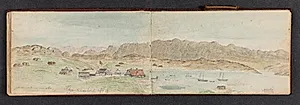 Fjeldlandskab med huse, Khristianshaab by Lars Møller