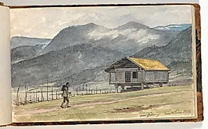 Fjeldlandskab med hytte og vandrer by Martinus Rørbye