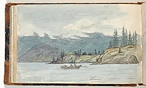 Fjordlandskab med robåd. Fjorden Krøderen, Norge by Martinus Rørbye