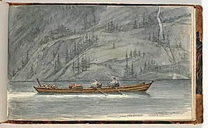 Fjordlandskab med robåd. Krøderen, Norge by Martinus Rørbye