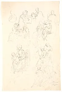 Flere figurscener. Bl.a. siddende damer med harper og fuglebure. Teaterscener? by C.A. Lorentzen