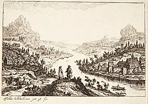 Flod i et bjergrigt landskab, i forgrunden to mænd i samtale by Jan van Almeloveen