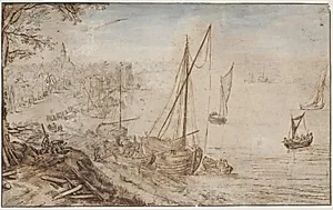 Flodlandskab. I forgrunden en båd, der lastes, og mænd, som tilskærer planker by Jan Brueghel (I)