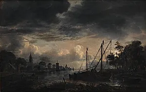 Flodlandskab i måneskin by Aert van der Neer